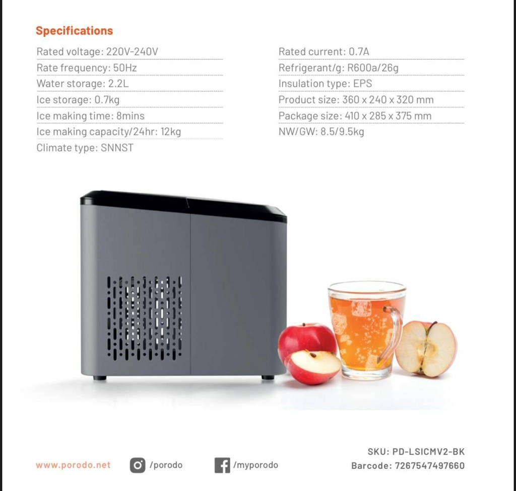 Porodo Lifestyle Portable Outdoor ICE Cube Machine - Black